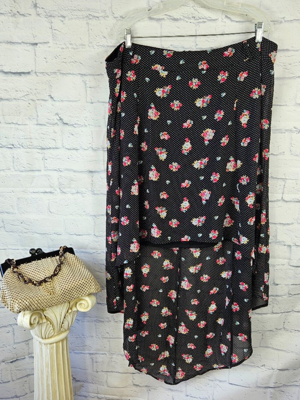 Torrid Plus Size 20 Black Floral & Polka Dot Print High Low Maxi Skirt Sheer Hem
